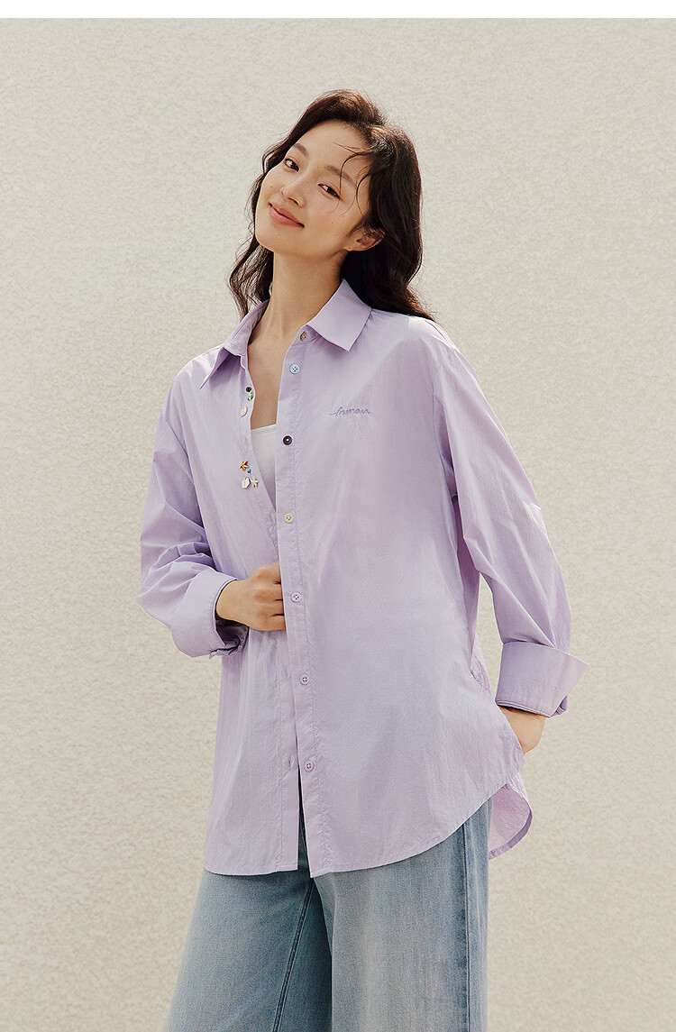 INMAN Simple Shell Beaded Embroidered Long Sleeve Shirt 26 Summer New Women's Commuting Turn-down Collar Top Purple S 26