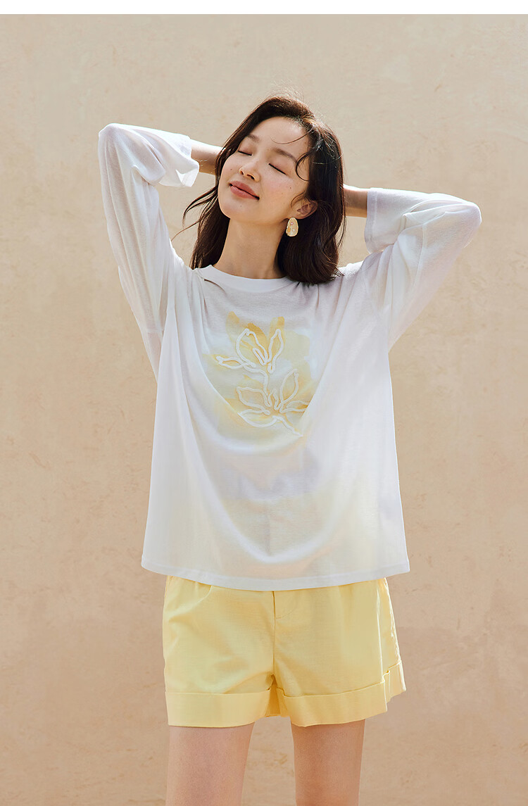 INMAN Casual Rope Embroidery Printed Long Sleeve T-Shirt 2026 Summer New Women's Versatile Drop Shoulder Crew Neck Top Goose Yellow L 16