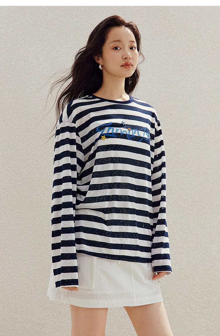 INMAN Lazy Stripe Letter Print Beaded Lightweight T-Shirt 26 Summer New Women's Long Sleeve Top Navy White Stripe L 17