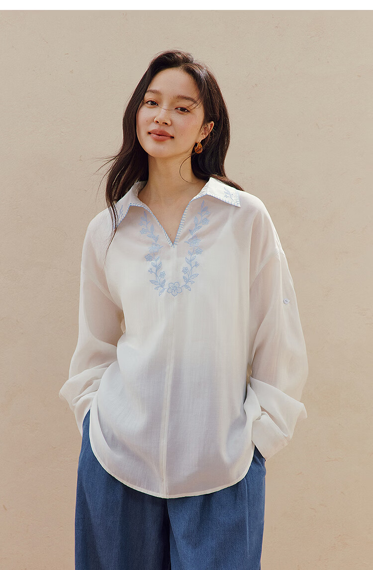INMAN French Fresh Embroidered Lapel Long Sleeve Shirt 2026 Summer New V-Neck Drop Shoulder Top Frost White XL 12
