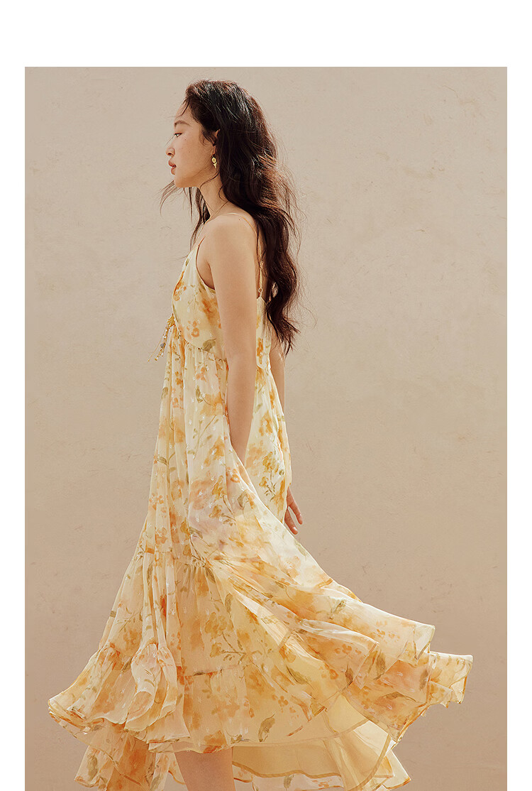 INMAN Floral V-Neck Spaghetti Strap Vacation Dress 2026 Summer Women's New Slim Waist A-Line Long Dress Colorful L 4