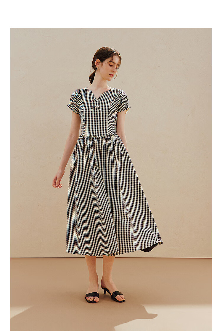 INMAN Plaid Bowknot V-Neck Puff Sleeve Dress 26 Summer New Women's Tie Waist Long Dress Black and White Check S 4