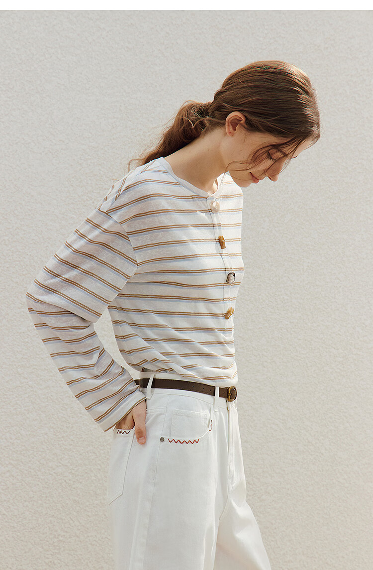 INMAN Lazy Fun Button Stripe Long Sleeve T-Shirt 26 Summer Women's New Colorblock Crew Neck Top Blue White Stripe S 15