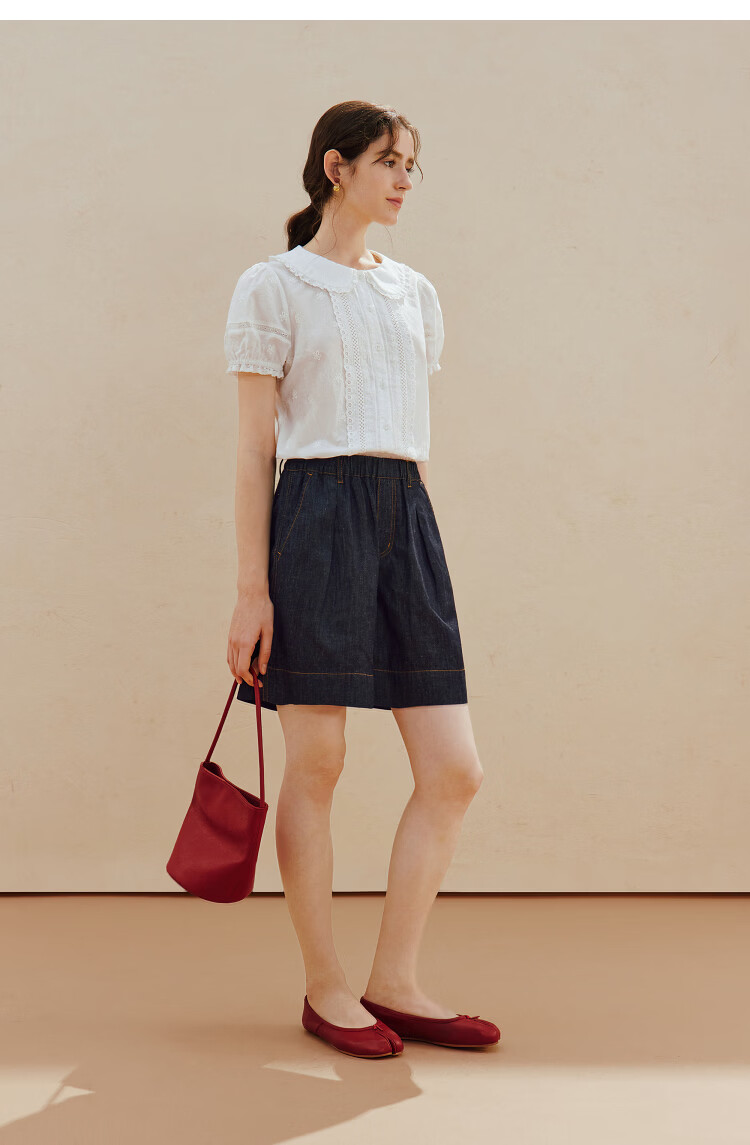 INMAN INMAN [Runway Style] Puff Sleeve Lace Peter Pan Collar Blouse, Summer 2026, Pure Cotton Short Sleeve, White, Size L 11
