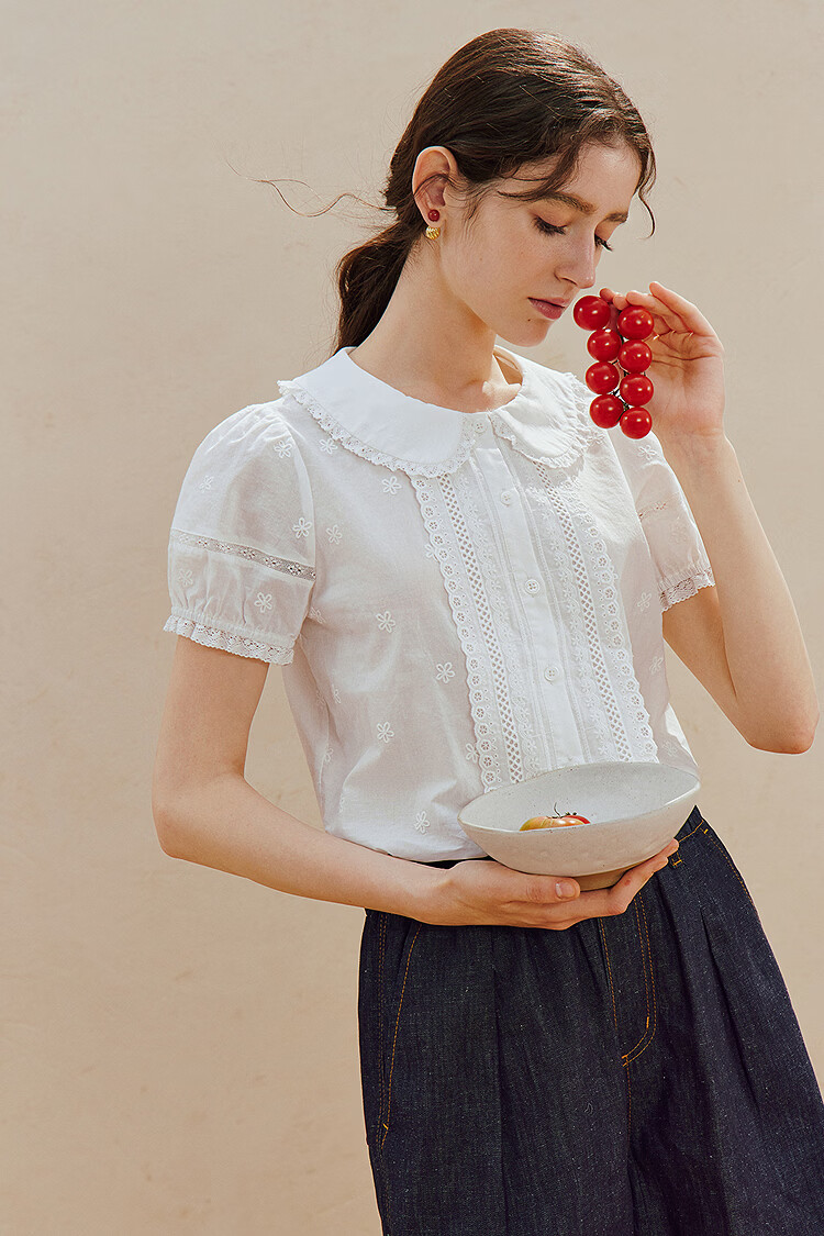 INMAN INMAN [Runway Style] Puff Sleeve Lace Peter Pan Collar Blouse, Summer 2026, Pure Cotton Short Sleeve, White, Size L 2