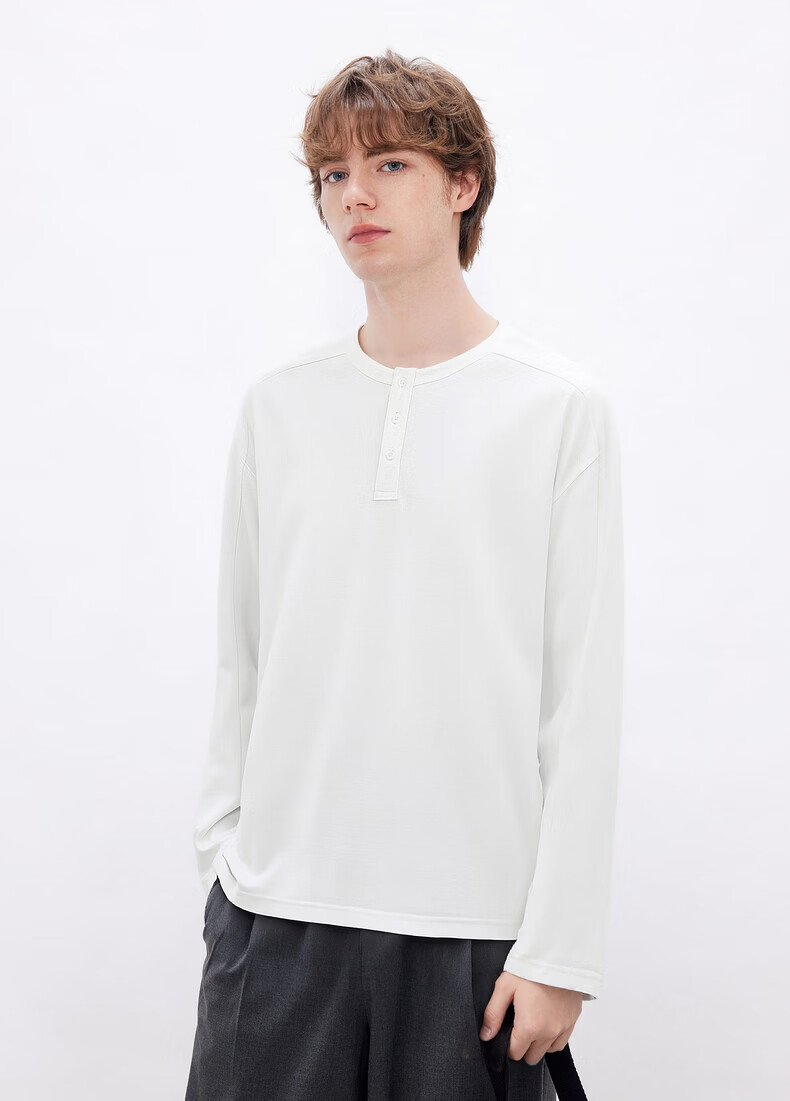 Gxgjeans Men's Multi-Color Basic Henley Loose Fit Long Sleeve T-Shirt Base Layer 26 Spring New White 165/S 9