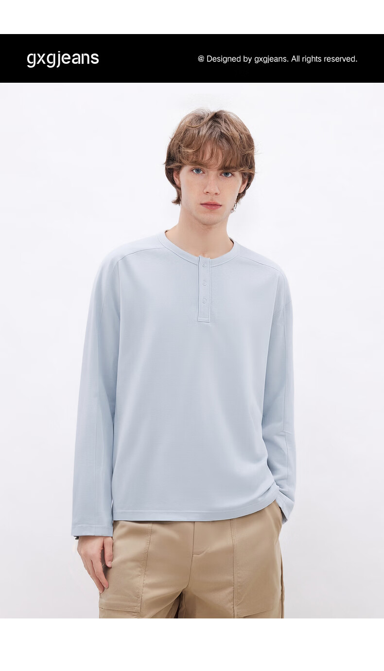 Gxgjeans Men's Multi-Color Basic Henley Loose Fit Long Sleeve T-Shirt Base Layer 26 Spring New White 165/S 1
