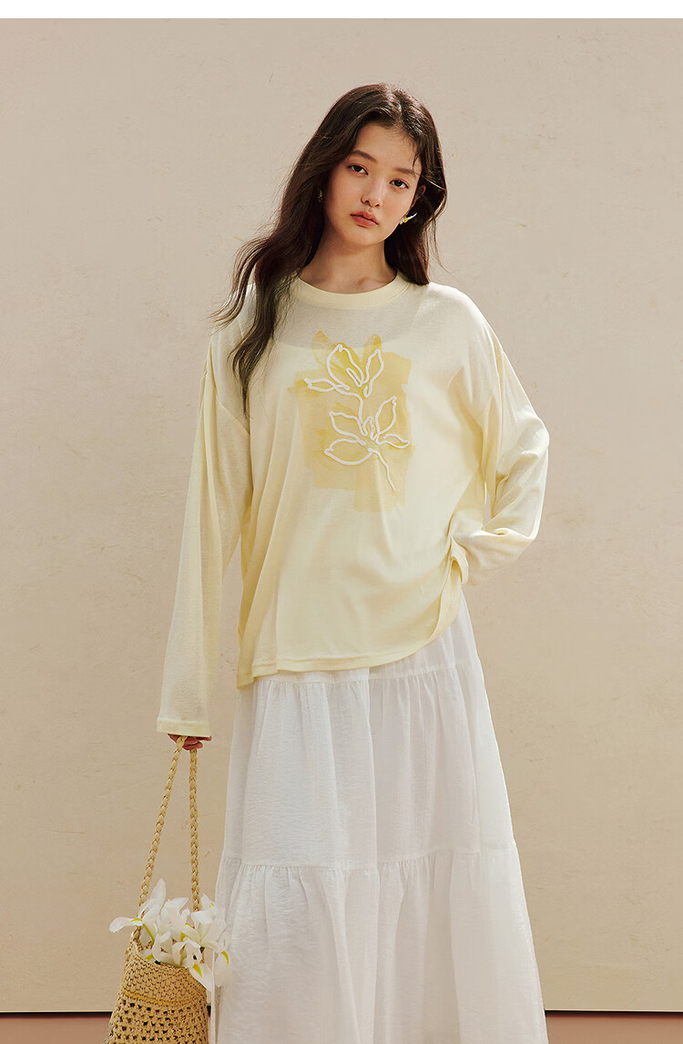 INMAN Casual Rope Embroidery Printed Long Sleeve T-Shirt 2026 Summer New Women's Versatile Drop Shoulder Crew Neck Top Goose Yellow L 20