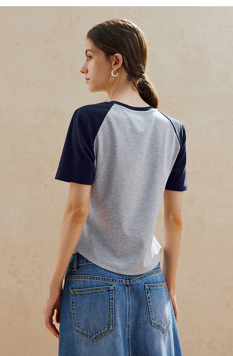 INMAN Age-Reducing Puppy Print Color-Block Short Sleeve T-Shirt 2026 Summer Women's New Regular Fit Top Royal Blue L 23