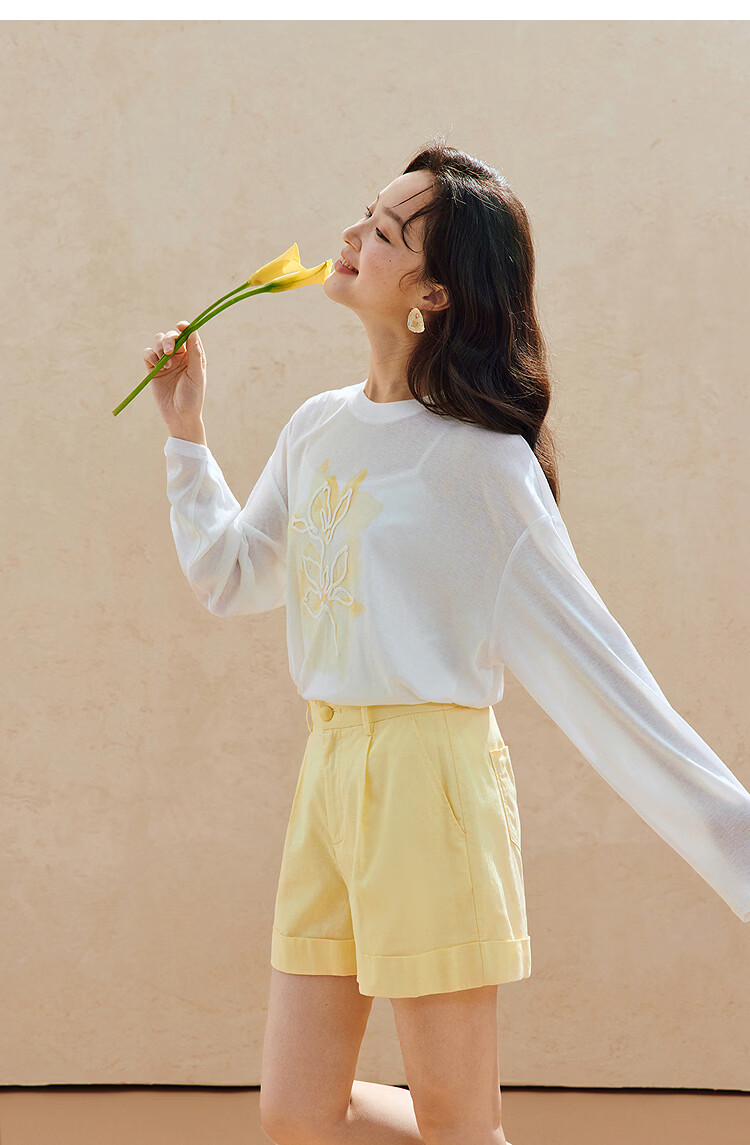 INMAN Casual Rope Embroidery Printed Long Sleeve T-Shirt 2026 Summer New Women's Versatile Drop Shoulder Crew Neck Top Goose Yellow L 18