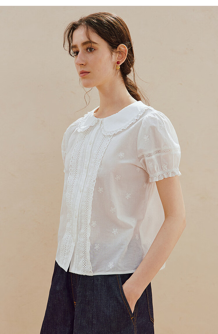 INMAN INMAN [Runway Style] Puff Sleeve Lace Peter Pan Collar Blouse, Summer 2026, Pure Cotton Short Sleeve, White, Size L 9