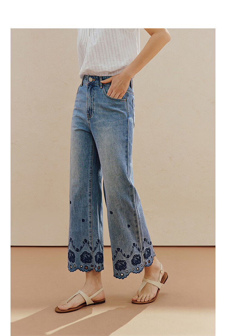 INMAN INMAN [Runway Style] Embroidered Wide-Leg Cropped Jeans, Summer 2026 Women's Embellished Pants, Denim Blue, Size 26 3