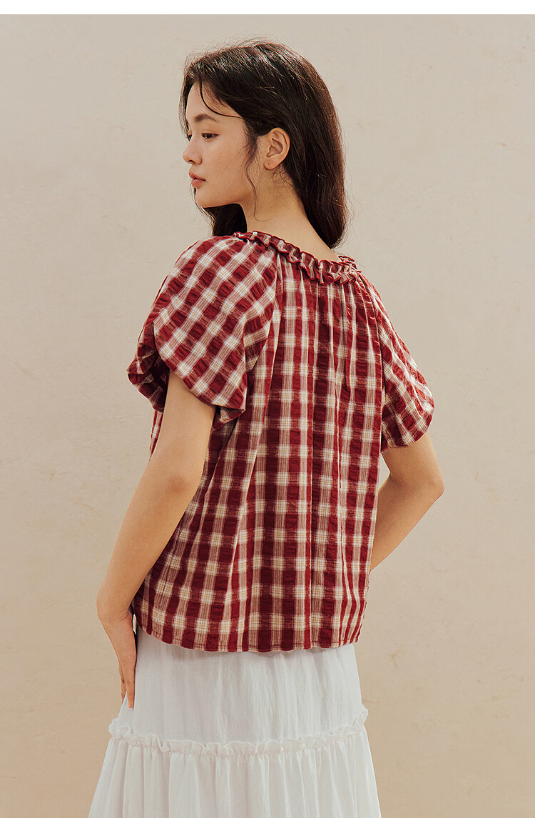 INMAN French Vintage Red Plaid Short Sleeve Shirt 26 Summer New Women's Ruffle Beaded Top Navy Plaid L 13