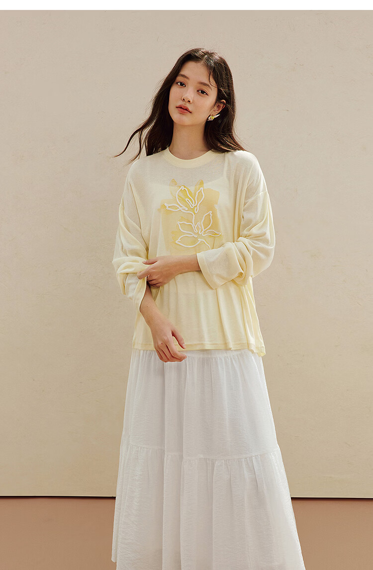 INMAN Casual Rope Embroidery Printed Long Sleeve T-Shirt 2026 Summer New Women's Versatile Drop Shoulder Crew Neck Top Goose Yellow L 23