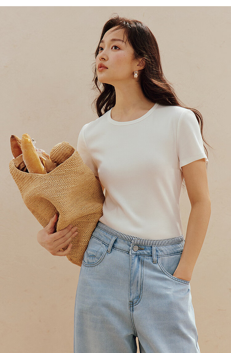 INMAN Casual Fitted Crew Neck Short Sleeve T-Shirt 26 Summer Women's New Solid Color Inner Top White M 14