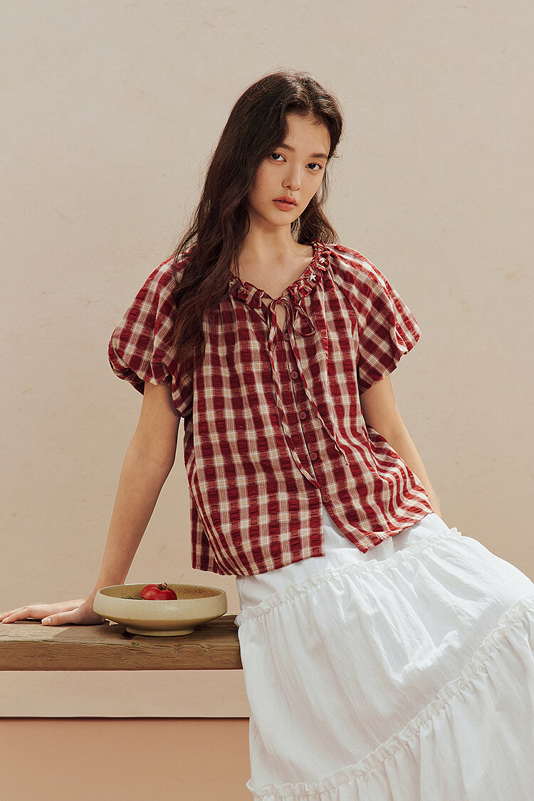 INMAN French Vintage Red Plaid Short Sleeve Shirt 26 Summer New Women's Ruffle Beaded Top Navy Plaid L 2