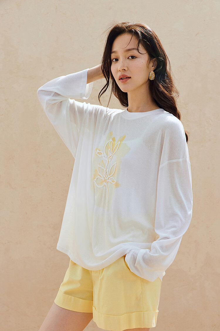 INMAN Casual Rope Embroidery Printed Long Sleeve T-Shirt 2026 Summer New Women's Versatile Drop Shoulder Crew Neck Top Goose Yellow L 2