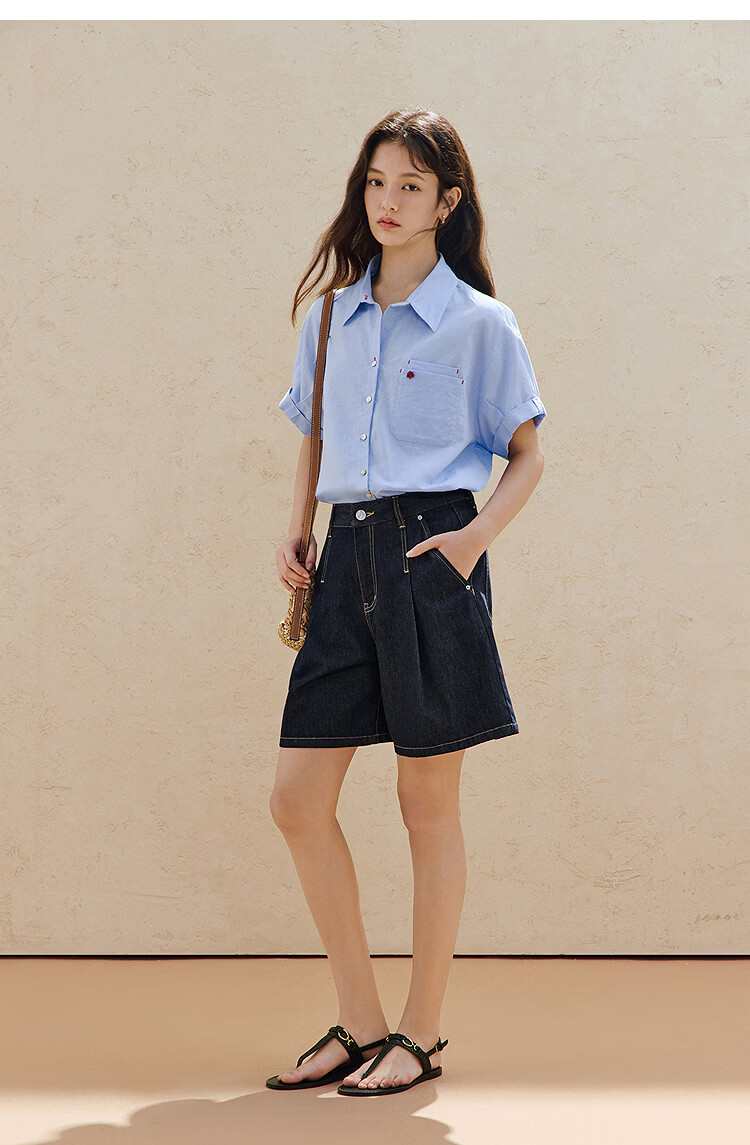 INMAN Linen Cotton Salt Style Loose Short Sleeve Shirt 26 Summer New Rolled Sleeve Versatile Shirt Light Water Blue M 12