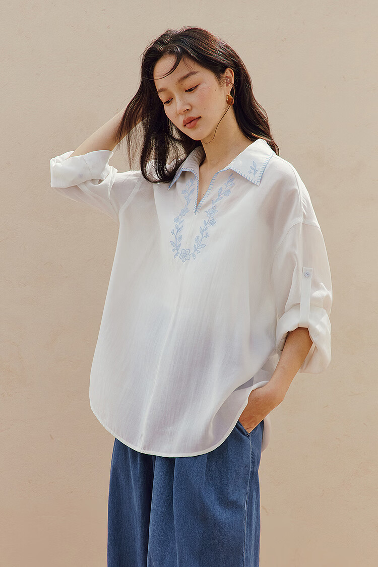 INMAN French Fresh Embroidered Lapel Long Sleeve Shirt 2026 Summer New V-Neck Drop Shoulder Top Frost White XL 2