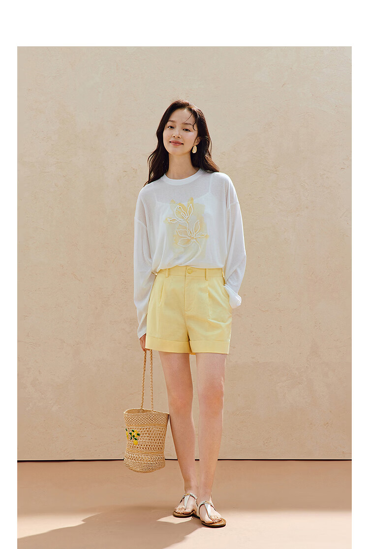 INMAN Casual Rope Embroidery Printed Long Sleeve T-Shirt 2026 Summer New Women's Versatile Drop Shoulder Crew Neck Top Goose Yellow L 4