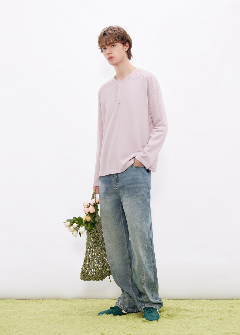 Gxgjeans Men's Multi-Color Basic Henley Loose Fit Long Sleeve T-Shirt Base Layer 26 Spring New White 165/S 14