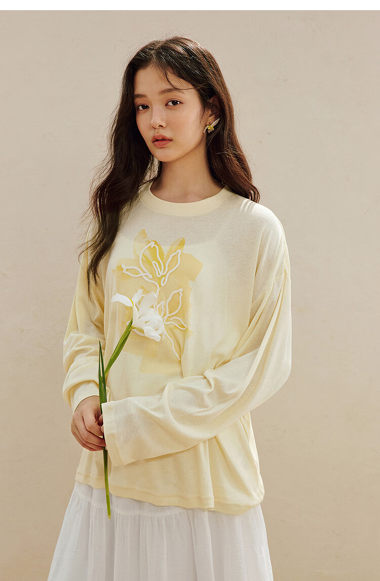 INMAN Casual Rope Embroidery Printed Long Sleeve T-Shirt 2026 Summer New Women's Versatile Drop Shoulder Crew Neck Top Goose Yellow L 21