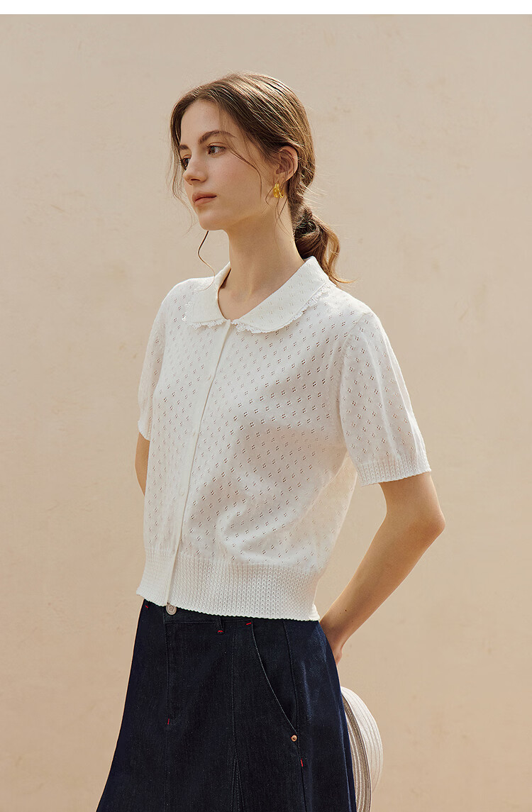 INMAN Hollow Lace Doll Collar Knit Cardigan 26 Summer New Sweet Versatile Short Sleeve Top Pearl White XL 10