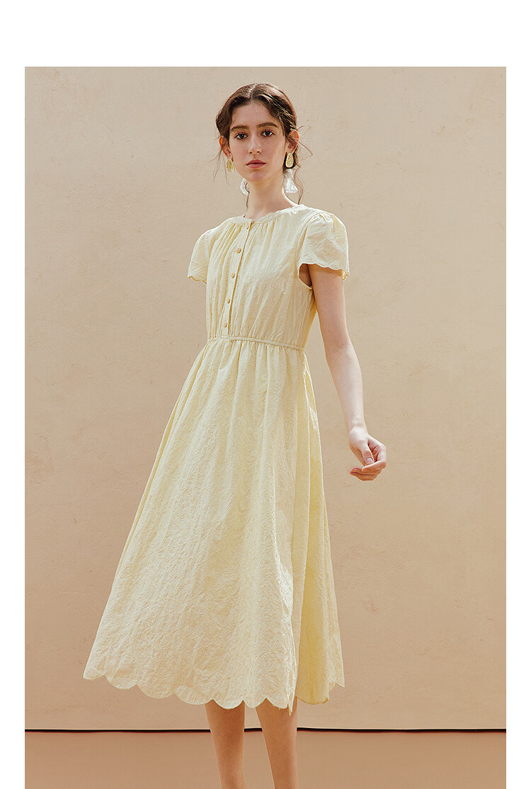 INMAN INMAN Floral Pattern Waist-Cinching Lace Dress, Summer 2026 New Style, Wavy Lace Trim Short-Sleeve Dress, Goose Yellow, Size L 4