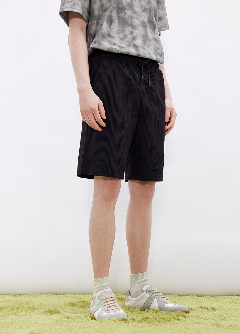 Gxgjeans Men's Casual Waffle Texture Drawstring Loose Straight Shorts 26 Summer New Black 185/XXL 8