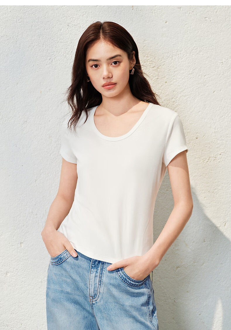 Peacebird Women's T-Shirt [Early 8 Commute T] Straight Shoulder Basic Short Sleeve Summer U-Neck Top U-Neck - Gray S 28