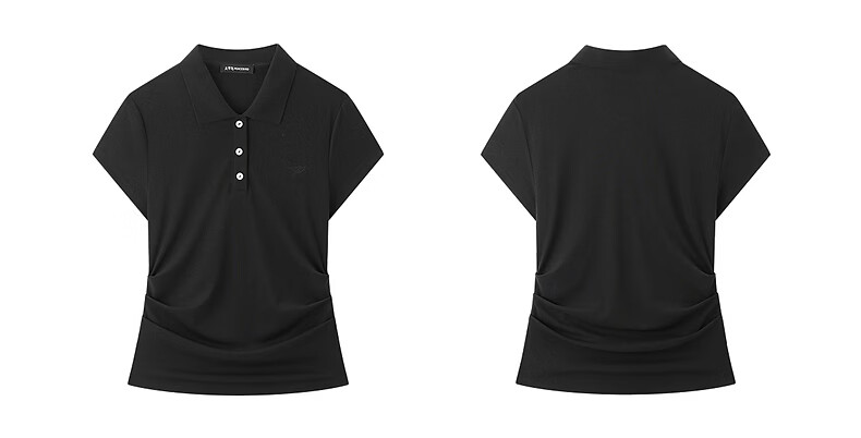 Peacebird Women's T-Shirt High-Intelligence Commuting Polo Collar Short Sleeve Spring Waist Pleated Design Black S 14