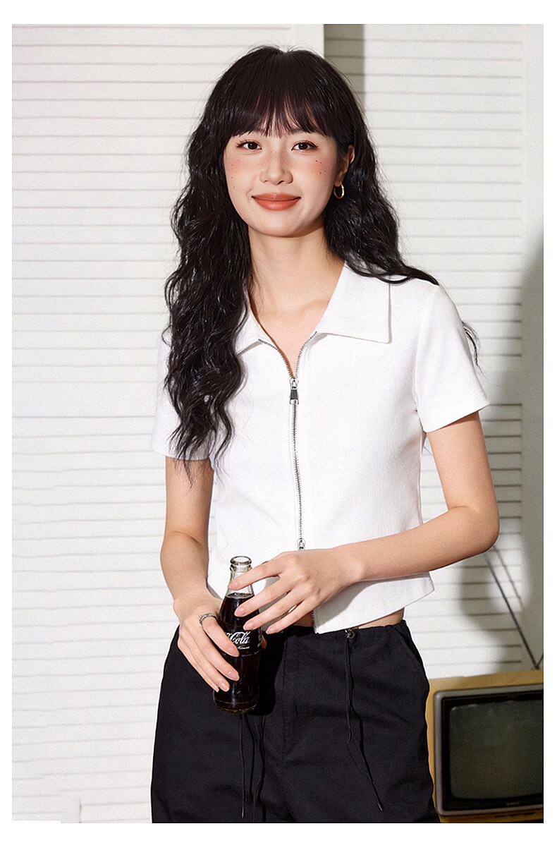 TonLion Women's Short Sleeve Crop Polo T-Shirt with Trendy Double Zipper Design Slim Fit Summer Top 10