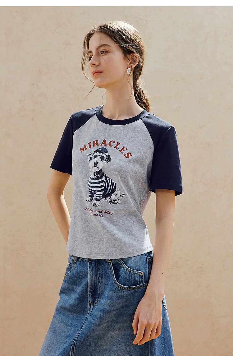 INMAN Age-Reducing Puppy Print Color-Block Short Sleeve T-Shirt 2026 Summer Women's New Regular Fit Top Royal Blue L 20