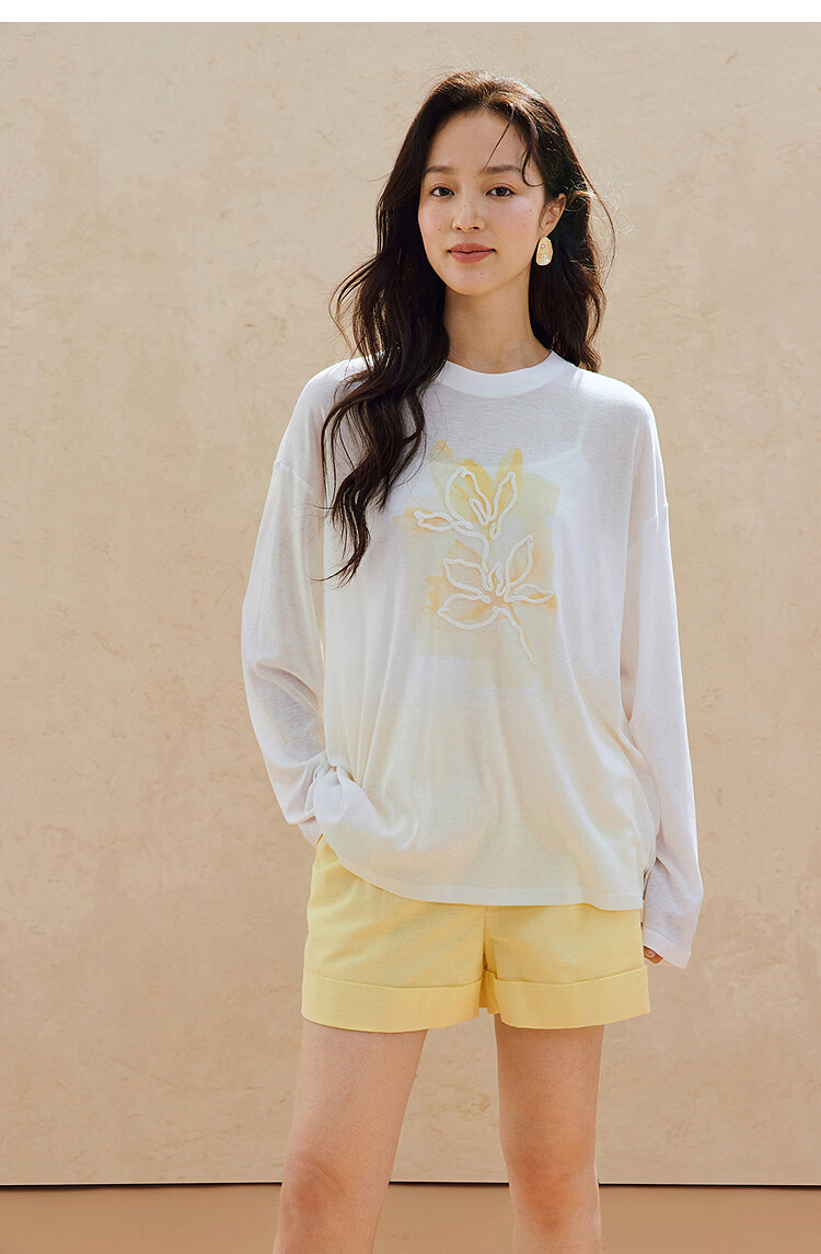 INMAN Casual Rope Embroidery Printed Long Sleeve T-Shirt 2026 Summer New Women's Versatile Drop Shoulder Crew Neck Top Goose Yellow L 15