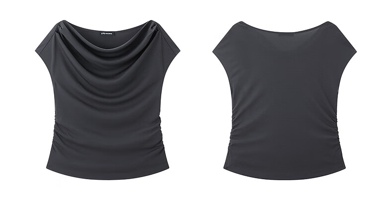 Peacebird Women's T-Shirt Elegant Texture Short Sleeve Summer Off-Shoulder Asymmetric Neck Dual-Wear Waist-Cinching Top Gray S 13