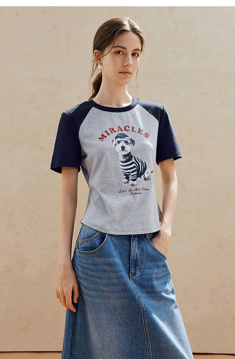 INMAN Age-Reducing Puppy Print Color-Block Short Sleeve T-Shirt 2026 Summer Women's New Regular Fit Top Royal Blue L 21