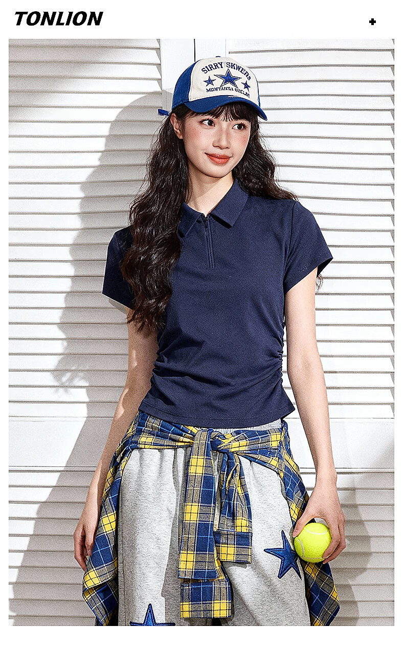 TonLion Women's Short Sleeve Polo T-Shirt Summer New Trendy Pleated Design Slim Fit Skin-Friendly Top 6
