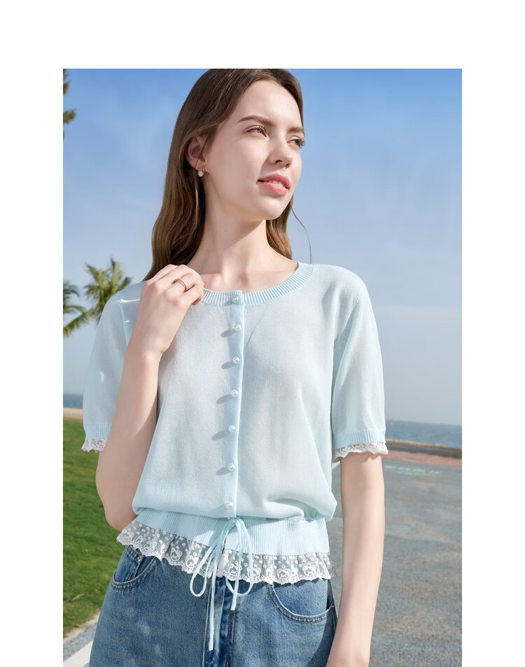 Baitu Women's Summer New Lacy Trim Lyocell Cool Knit Sweater 2505X23 16