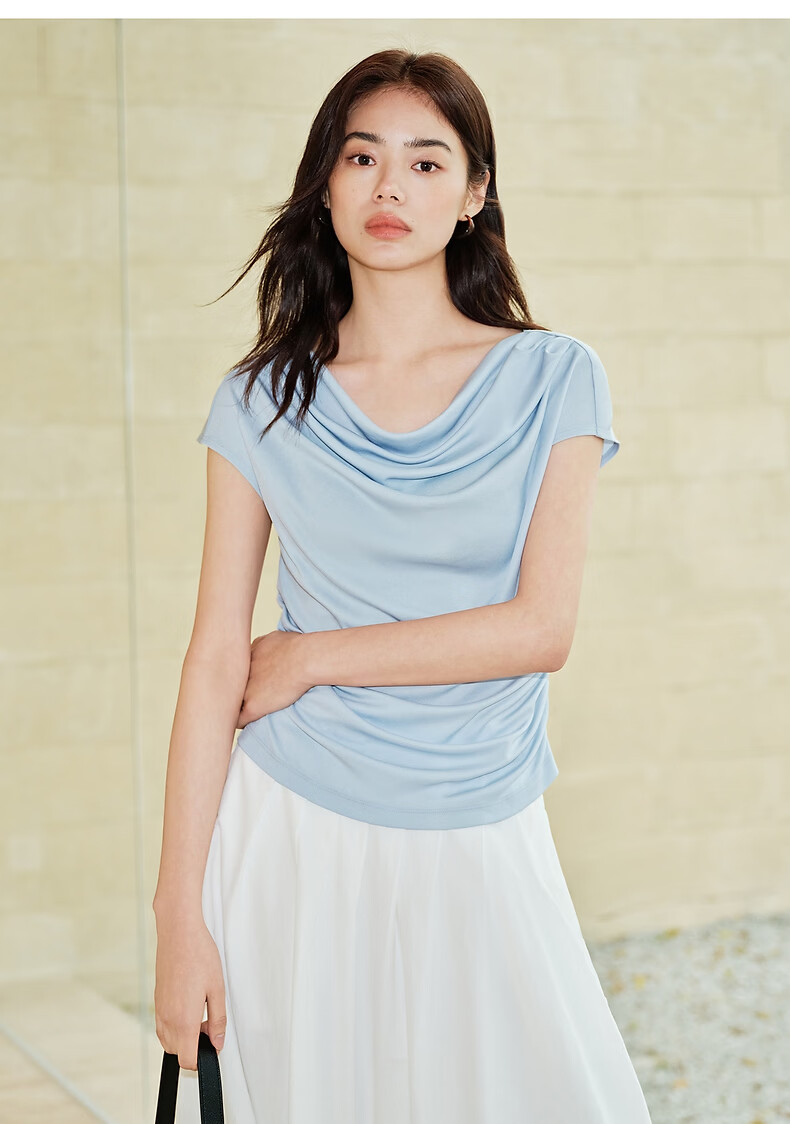 Peacebird Women's T-Shirt Elegant Texture Short Sleeve Summer Off-Shoulder Asymmetric Neck Dual-Wear Waist-Cinching Top Gray S 21