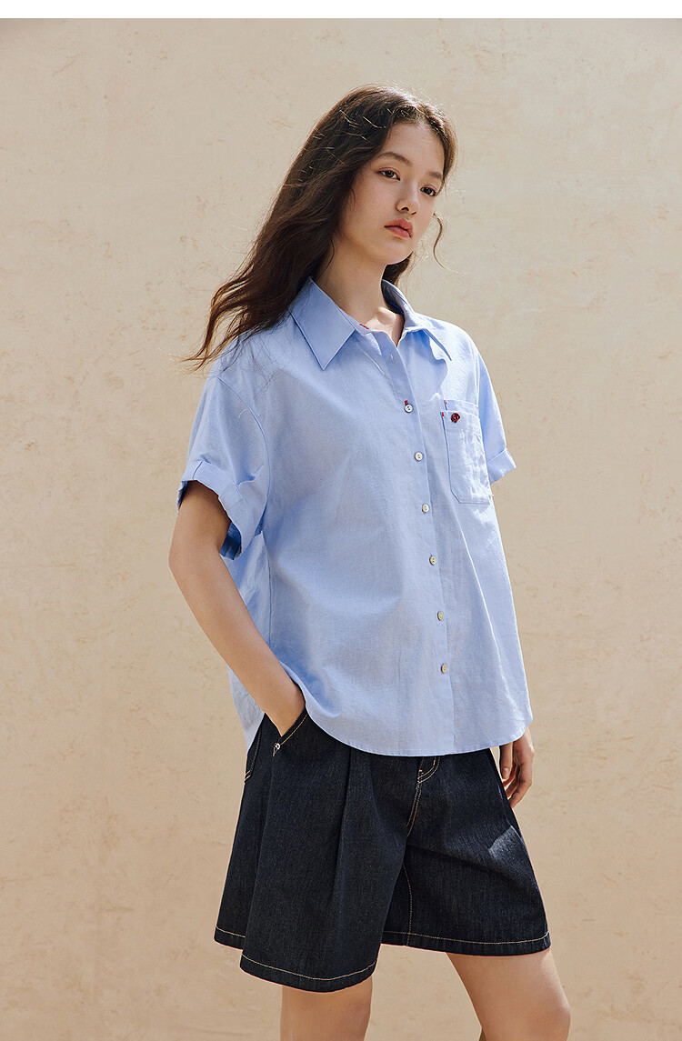 INMAN Linen Cotton Salt Style Loose Short Sleeve Shirt 26 Summer New Rolled Sleeve Versatile Shirt Light Water Blue M 11