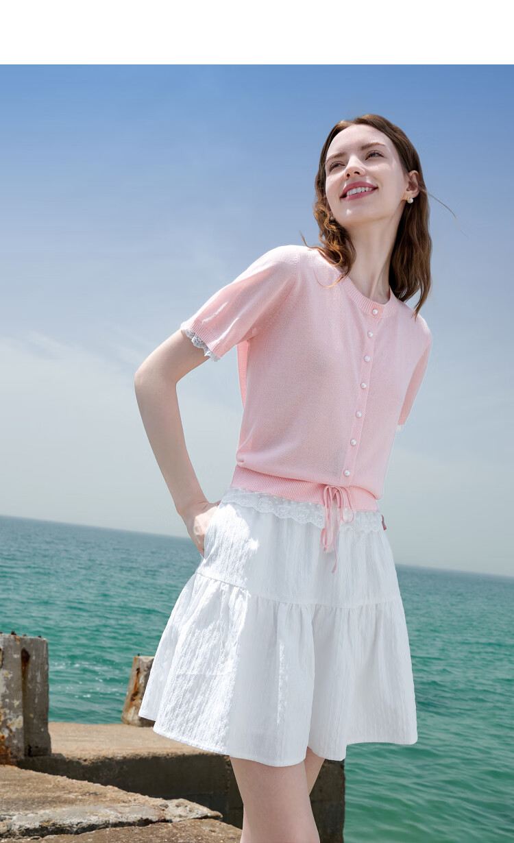 Baitu Women's Summer New Lacy Trim Lyocell Cool Knit Sweater 2505X23 26