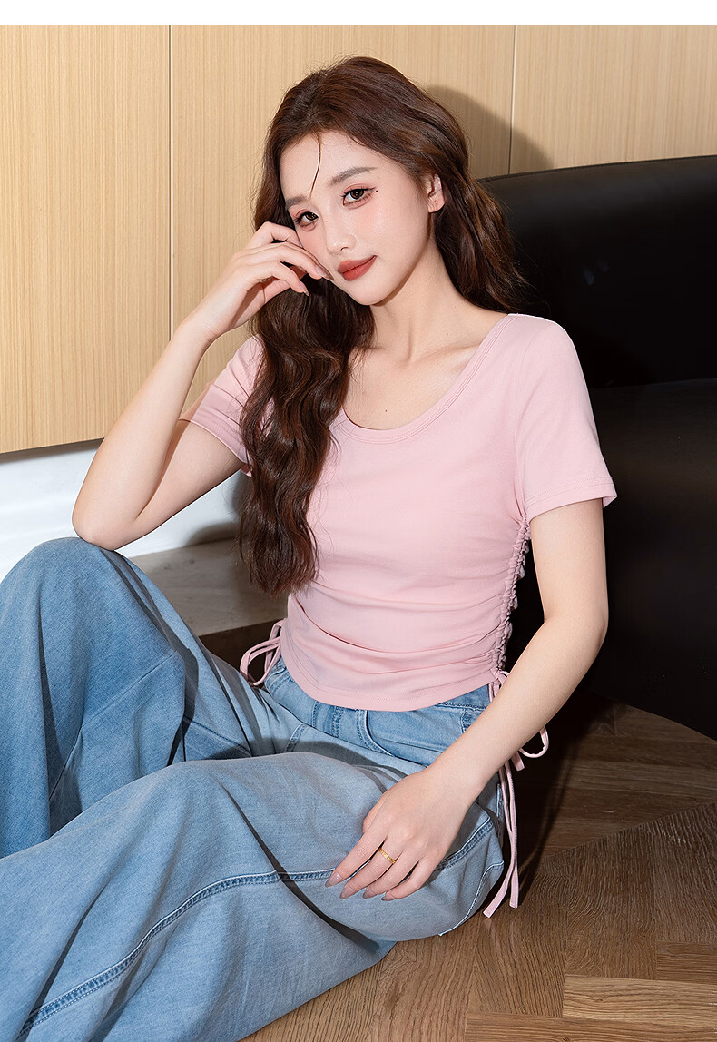 TonLion Tang Lion 2026 Spring Women's Knitted U-Neck Drawstring Short Sleeve T-Shirt Light Pink M 11