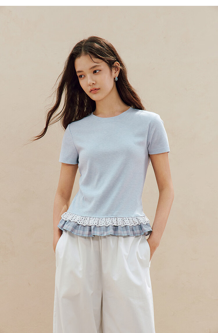 INMAN Color-Block Lace Trim Short Sleeve Slim Fit T-Shirt 26 Summer Women's New Lace Plaid Top Light Blue S 14