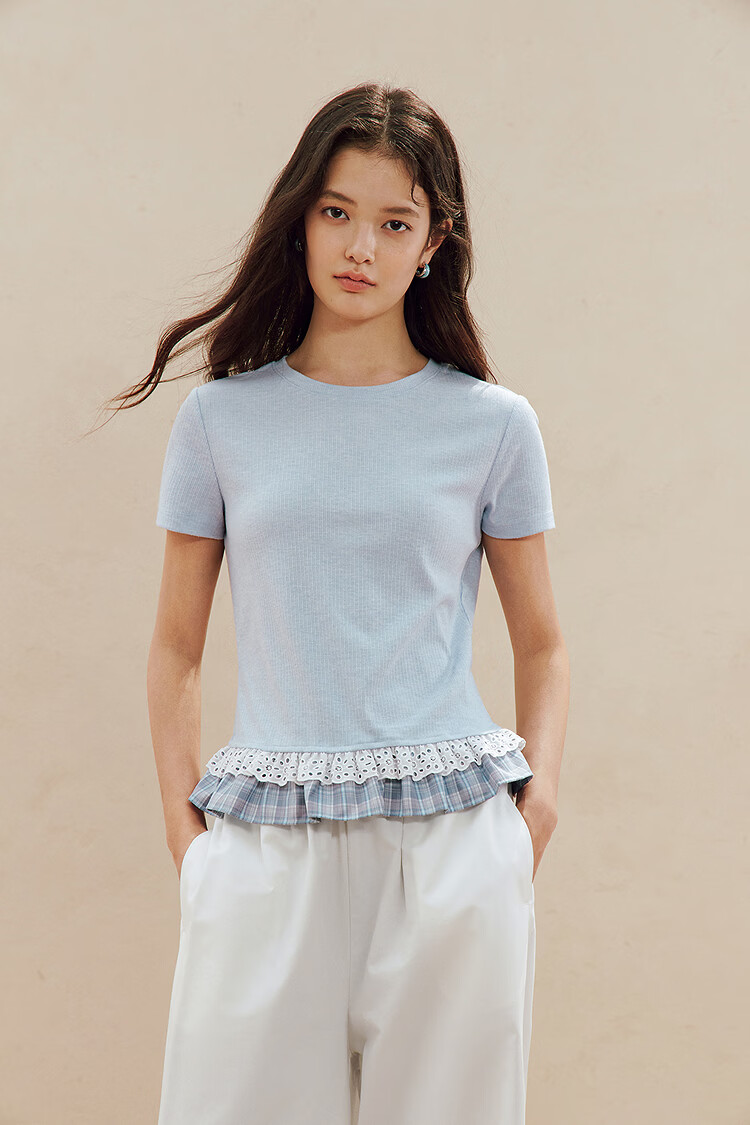 INMAN Color-Block Lace Trim Short Sleeve Slim Fit T-Shirt 26 Summer Women's New Lace Plaid Top Light Blue S 2