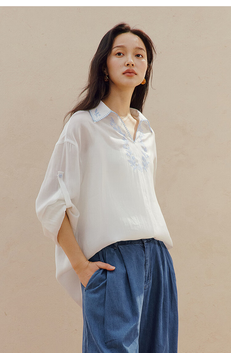INMAN French Fresh Embroidered Lapel Long Sleeve Shirt 2026 Summer New V-Neck Drop Shoulder Top Frost White XL 14