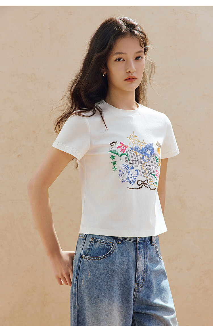 INMAN White Printed Shoulder Short Sleeve T-Shirt 26 Summer Women's New Round Neck Lace Slim Top Pearl White XL 15