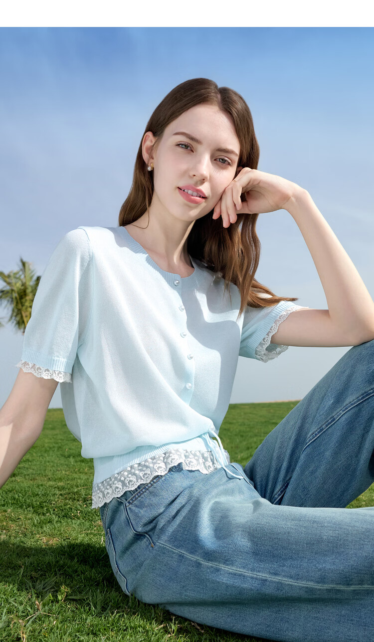 Baitu Women's Summer New Lacy Trim Lyocell Cool Knit Sweater 2505X23 6