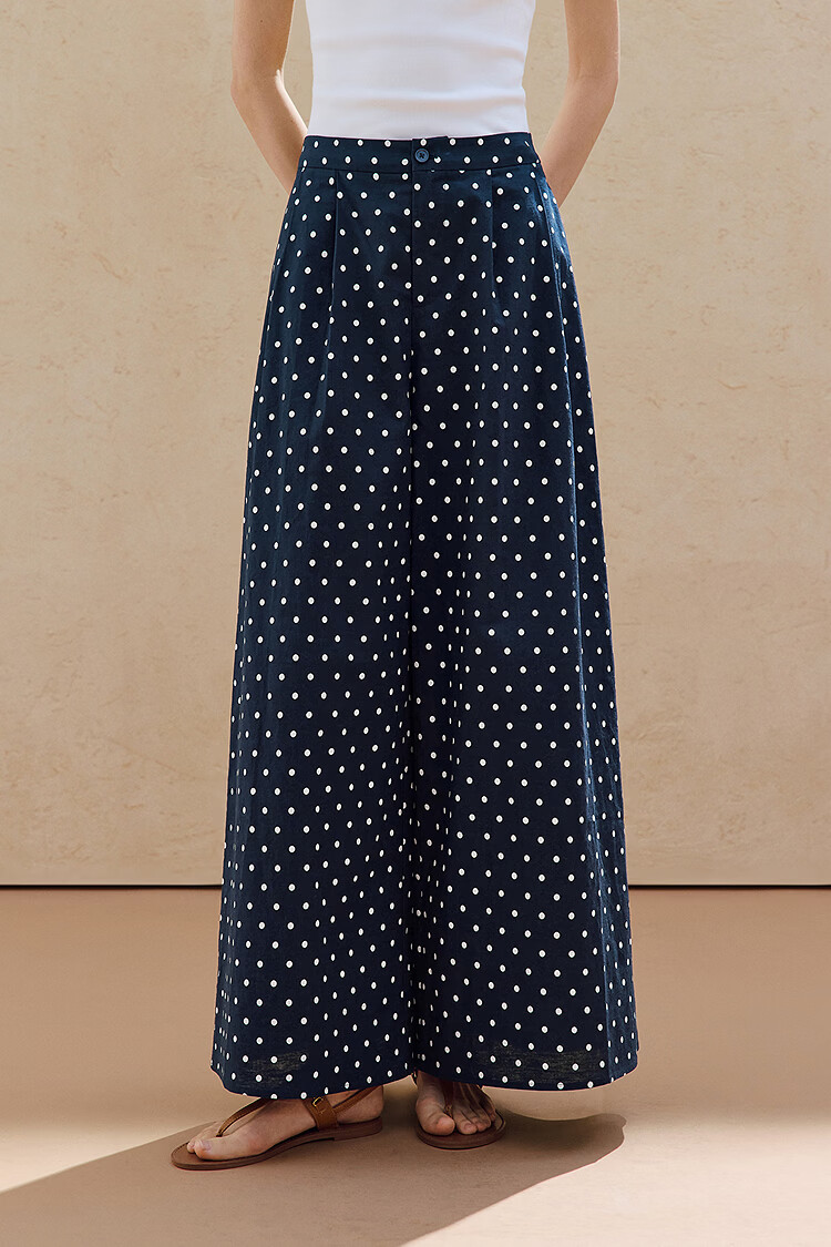 INMAN Linen Cotton Vintage Polka Dot Loose Wide-Leg Pants 26 Summer Women's New Elastic Waist Long Pants Black and White Polka Dot S 2