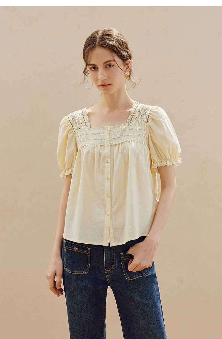 INMAN Linen Cotton French Lace Embroidered Square Neck Puff Sleeve Shirt Summer 2026 Women's New Milk Yellow XL 17