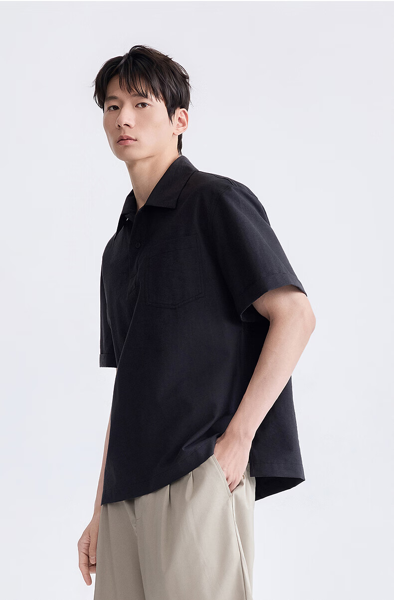 GXG Men's Casual Loose Fit Polo Shirt with Linen Blend Pocket Design and Spread Collar Short Sleeve 2026 Summer New Arrival 9